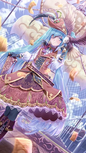 Anime picture 2151x3828 with vocaloid hatsune miku xuanlin jingshuang single tall image looking at viewer highres blue eyes smile standing twintails blue hair sky cloud (clouds) very long hair dutch angle depth of field alternate costume bird on hand girl