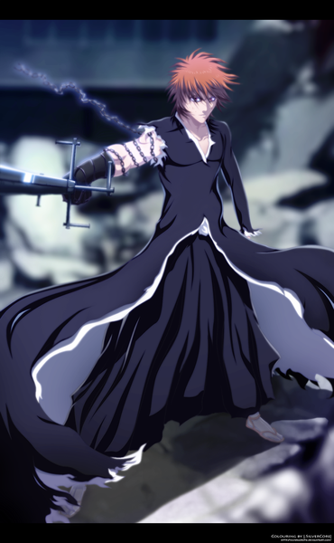 Anime picture 1038x1680 with bleach studio pierrot kurosaki ichigo silvercore94 single tall image short hair brown hair japanese clothes pink eyes coloring muscle boy gloves weapon sword belt kimono katana chain