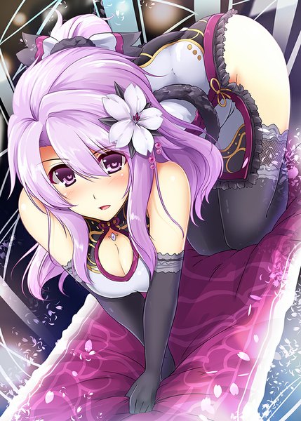 Anime picture 715x1000 with cu-no yayoi sakura hisenkaede single long hair tall image looking at viewer light erotic purple eyes bare shoulders purple hair girl thighhighs dress gloves hair ornament black thighhighs petals elbow gloves