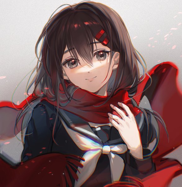 Anime picture 1203x1231 with kagerou project shaft (studio) tateyama ayano rumoon single long hair tall image looking at viewer fringe simple background smile hair between eyes brown hair upper body head tilt black eyes grey background shaded face girl uniform