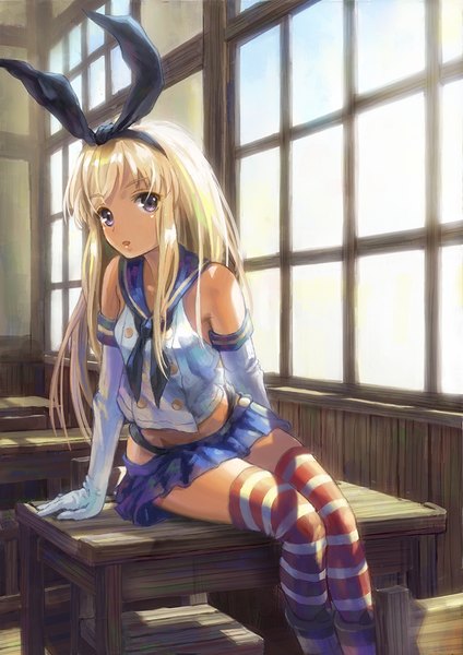 Anime picture 707x1000 with kantai collection shimakaze destroyer miyai haruki single long hair tall image looking at viewer fringe open mouth blonde hair sitting purple eyes bare shoulders pleated skirt :o girl thighhighs skirt gloves uniform