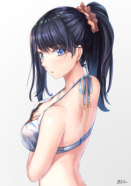 Anime picture 778x1100 with gridman universe ssss.gridman studio trigger takarada rikka toshi (1-147) single long hair tall image looking at viewer blush fringe breasts light erotic simple background hair between eyes signed payot cleavage upper body ponytail