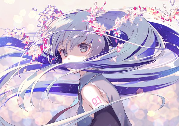 Anime picture 2000x1414 with vocaloid hatsune miku gin (oyoyo) single long hair fringe highres blue eyes hair between eyes twintails blue hair looking away upper body hair flower lens flare turning head girl flower (flowers) detached sleeves