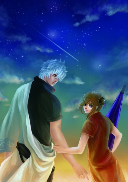 Anime picture 1748x2480 with gintama sunrise (studio) sakata gintoki kagura (gintama) fin (pixiv) tall image fringe highres short hair blue eyes brown hair sky silver hair cloud (clouds) looking back from behind hair over one eye realistic hair bun (hair buns) chinese clothes