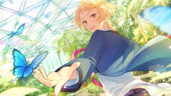 Anime picture 1344x756 with tokimeki memorial girl's side 4th heart honda iku sakuro single looking at viewer short hair open mouth blonde hair wide image :d orange eyes framed boy necktie insect butterfly greenhouse