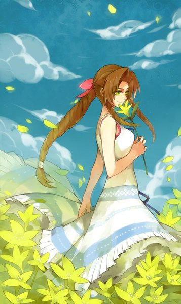 Anime picture 600x1006 with final fantasy final fantasy vii crisis core final fantasy vii square enix aerith gainsborough nanjou (sumeragimishiro) single long hair tall image smile brown hair green eyes sky cloud (clouds) braid (braids) wind girl dress flower (flowers) ribbon (ribbons)