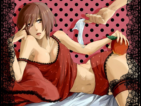 Anime picture 1024x768 with vocaloid romeo to cinderella (vocaloid) romeo and cinderella (vocaloid) meiko gsn short hair breasts light erotic brown hair brown eyes cleavage lying nail polish on side solo focus head rest girl food shoes lingerie