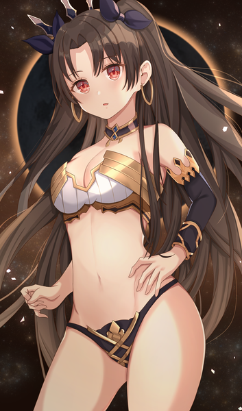 Anime picture 2351x4000 with fate (series) fate/grand order ishtar (fate) hwa n01 single long hair tall image blush fringe highres breasts open mouth light erotic black hair red eyes standing bare shoulders looking away cleavage two side up