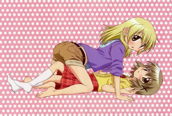 Anime picture 4072x2760 with hidamari sketch shaft (studio) yuno miyako itou yoshiaki highres light erotic blonde hair simple background brown hair multiple girls absurdres lying loli girl 2 girls shorts x hair ornament