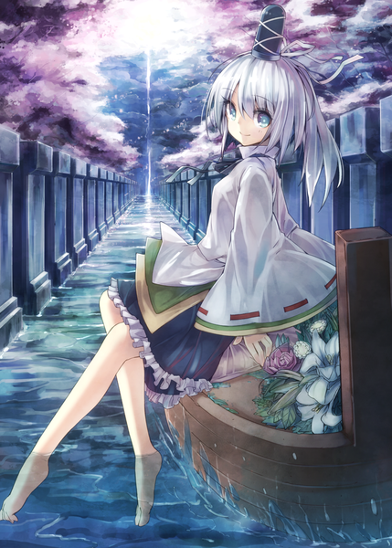 Anime picture 1500x2098 with touhou mononobe no futo teco uk single tall image short hair blue eyes silver hair cloud (clouds) ponytail barefoot girl flower (flowers) detached sleeves water