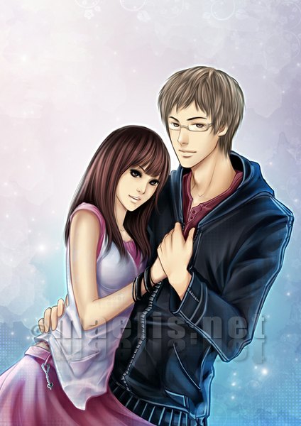 Anime picture 600x848 with m-aelis long hair tall image looking at viewer fringe short hair brown hair brown eyes signed grey hair grey eyes couple hug holding hands girl boy skirt glasses clothes