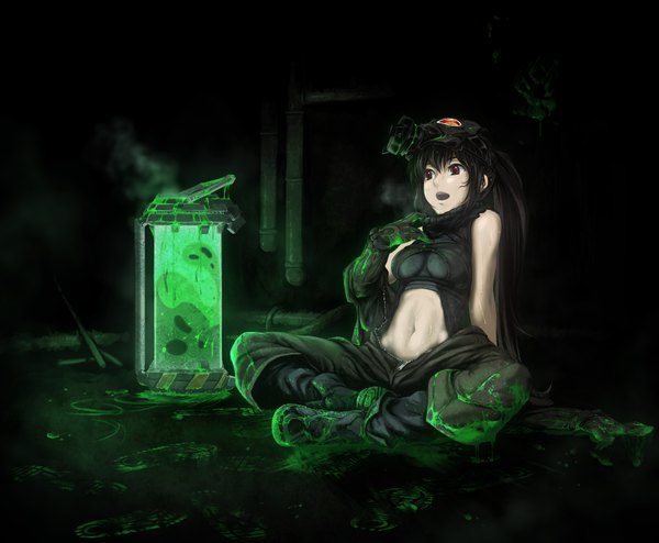 Anime picture 1700x1400 with original un (alternatif) black hair brown eyes ponytail girl navel boots gas mask