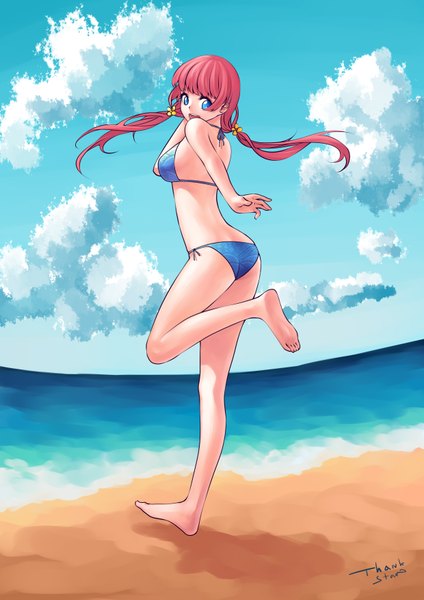 Anime picture 2480x3507 with daye bie qia lian single long hair tall image fringe highres breasts open mouth blue eyes light erotic smile pink hair sky cloud (clouds) ass looking back girl swimsuit bikini side-tie bikini