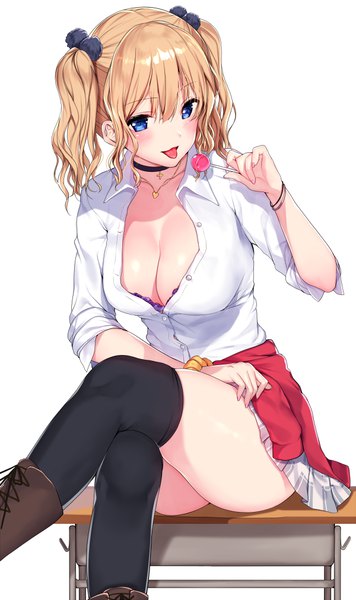 Anime picture 600x1009 with tokushu seiheki kyoushitsu e youkoso matarou (genkai toppa) single tall image looking at viewer blush fringe short hair breasts blue eyes light erotic simple background blonde hair hair between eyes large breasts white background sitting twintails holding cleavage