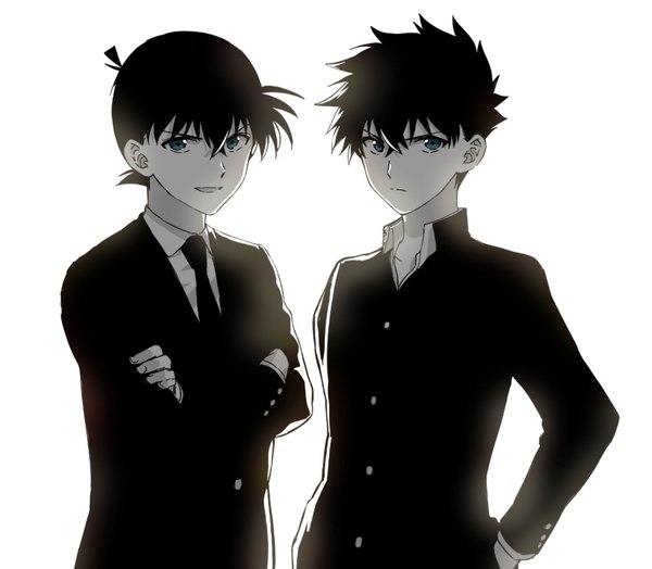 Anime picture 1046x914 with detective conan magic kaito kaito kid kudou shinichi kuroba kaito shizuku1412 (szk) fringe short hair open mouth blue eyes simple background smile hair between eyes standing white background upper body multiple boys crossed arms hand in pocket serious