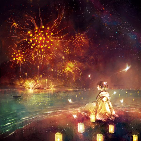 Anime picture 1200x1200 with original sanrindou short hair brown hair sitting sky night smoke silhouette river fireworks girl water insect butterfly lantern watercraft boat