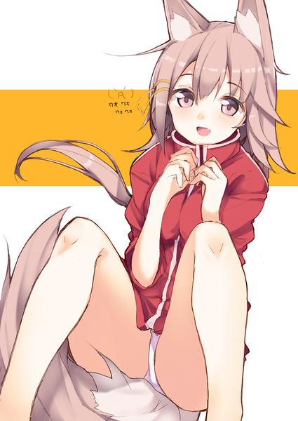 Anime picture 600x847 with original haruyuki (yukichasoba) single long hair tall image looking at viewer blush open mouth light erotic simple background smile white background purple eyes animal ears bent knee (knees) ass tail :d animal tail grey hair