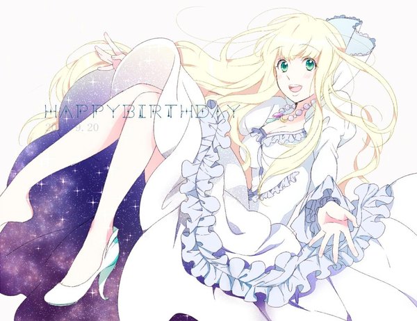 Anime picture 1000x771 with aldnoah.zero a-1 pictures asseylum vers allusia amy26 single long hair looking at viewer blush fringe breasts open mouth blonde hair simple background smile white background green eyes cleavage full body bent knee (knees) :d