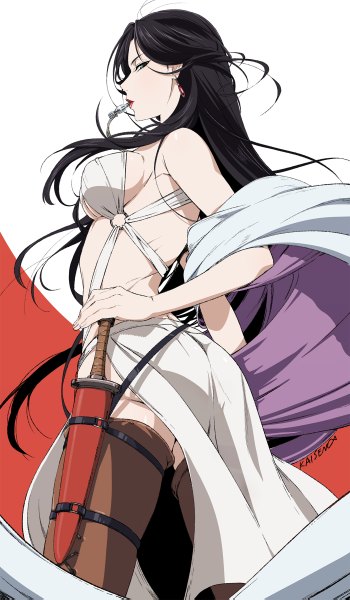 Anime picture 1400x2397 with arslan senki falangies kaisen single long hair tall image looking at viewer fringe breasts light erotic black hair large breasts standing white background holding green eyes signed profile wind alternate costume