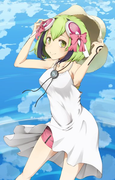 Anime picture 708x1112 with dimension w yurizaki mira piisu single tall image looking at viewer short hair smile green eyes sky cloud (clouds) green hair girl hair ornament hat sundress