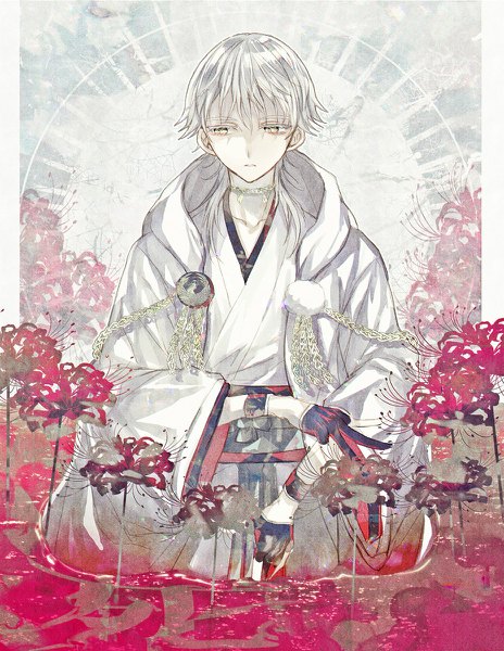 Anime picture 928x1200 with touken ranbu nitroplus tsurumaru kuninaga abandon ranka single long hair tall image fringe yellow eyes looking away silver hair boy gloves flower (flowers) pom pom (clothes) partly fingerless gloves higanbana