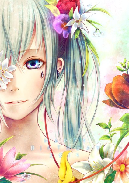 Anime picture 848x1200 with vocaloid hatsune miku oki (koi0koi) single long hair tall image looking at viewer fringe hair flower aqua eyes light smile lips happy birthday multicolored eyes girl hair ornament flower (flowers) earrings teardrop