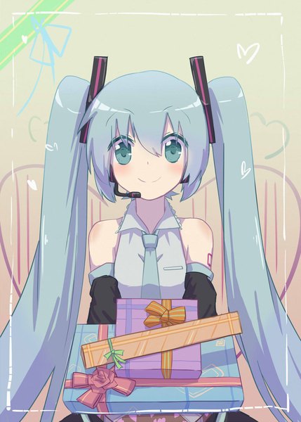 Anime picture 1000x1399 with vocaloid hatsune miku nejikyuu single long hair tall image looking at viewer blush fringe smile hair between eyes twintails blue hair upper body aqua eyes framed valentine girl headphones gift