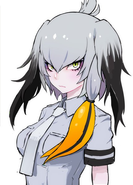 Anime picture 1149x1600 with kemono friends shoebill (kemono friends) lam (ramdayo) single tall image looking at viewer fringe short hair simple background hair between eyes white background green eyes upper body grey hair portrait girl necktie