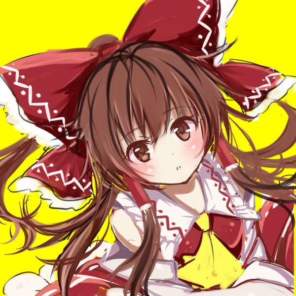 Anime picture 1500x1500 with touhou hakurei reimu chako (chakoxxx) single long hair looking at viewer simple background brown hair brown eyes parted lips yellow background messy hair girl bow hair bow detached sleeves hair tubes large bow ascot