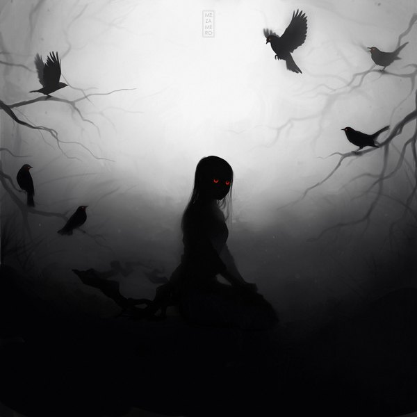 イラスト 1500x1500 と オリジナル mezamero ソロ 長髪 赤い目 dark background gloom 女の子 植物 動物 木 鳥 枝 カラス