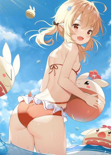 Anime picture 3100x4350 with genshin impact klee (genshin impact) jumpy dumpty chintora0201 single long hair tall image blush fringe highres open mouth light erotic blonde hair smile hair between eyes red eyes standing holding payot absurdres