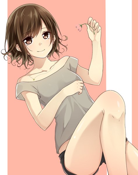 Anime picture 1104x1400 with original yamasuta single tall image looking at viewer blush fringe short hair breasts smile brown hair bare shoulders holding brown eyes girl flower (flowers) shorts pendant short shorts blouse