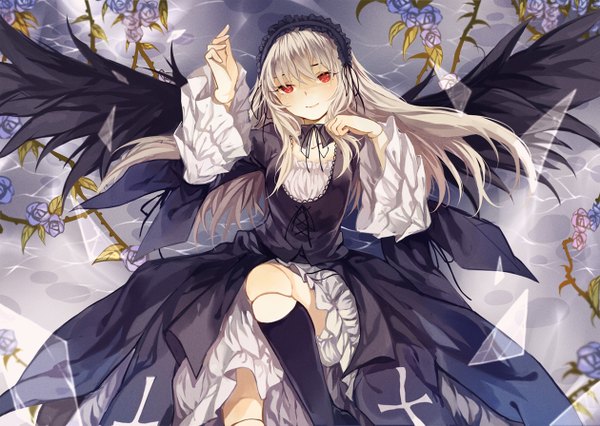 Anime picture 1260x895 with rozen maiden suigintou koyuiko single long hair looking at viewer red eyes white hair goth-loli girl dress flower (flowers) wings socks black socks doll (dolls)