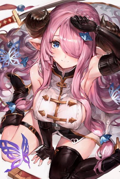 Anime picture 1359x2019 with granblue fantasy narmaya (granblue fantasy) watao single tall image looking at viewer blush fringe breasts blue eyes light erotic smile large breasts sitting payot pink hair very long hair arm up horn (horns) from above