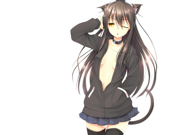 Anime picture 1500x1125 with original kinta (distortion) single long hair breasts open mouth light erotic black hair simple background white background animal ears yellow eyes pleated skirt one eye closed wink cat ears open clothes open jacket cat girl cat tail