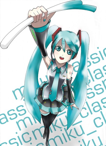 Anime picture 1700x2336 with vocaloid hatsune miku kyk single tall image open mouth standing twintails very long hair nail polish aqua eyes aqua hair inscription girl thighhighs skirt black thighhighs detached sleeves necktie headphones