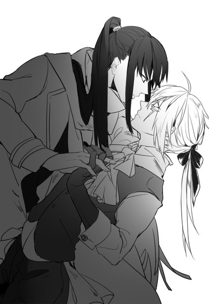 Anime picture 800x1162 with d.gray-man allen walker kanda yuu cadsu long hair tall image black hair simple background white background white hair ponytail profile grey hair multiple boys holding hands monochrome scar low ponytail face to face shounen ai