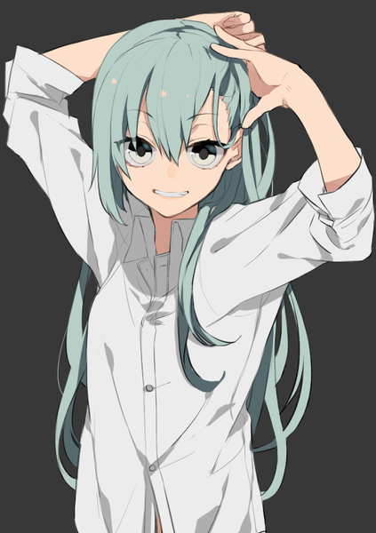 Anime picture 595x842 with kantai collection suzuya heavy cruiser hita (hitapita) single long hair tall image looking at viewer fringe simple background smile hair between eyes aqua hair grin black background open collar silver eyes hands on head girl shirt white shirt