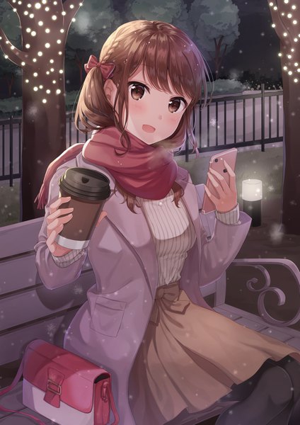 Anime picture 2894x4093 with original shiono (0303) single long hair tall image looking at viewer blush fringe highres open mouth brown hair sitting twintails holding brown eyes outdoors braid (braids) night open clothes snowing