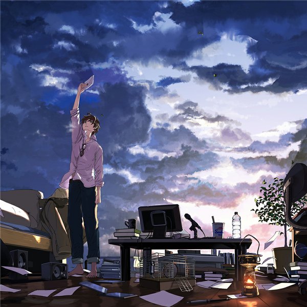 Anime picture 1000x1000 with nico nico singer nico nico douga ryo-kun kuronokuro single fringe short hair open mouth brown hair standing holding brown eyes sky cloud (clouds) ahoge barefoot wind teeth no shoes glowing