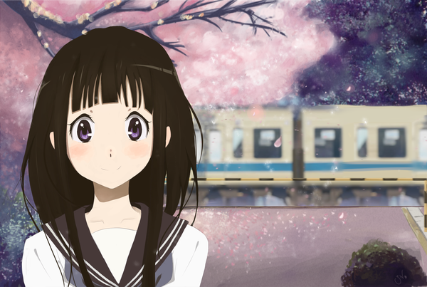 Аниме картинка 2000x1345 с хьёка kyoto animation читанда эру ichigo milk один (одна) длинные волосы смотрит на зрителя румянец высокое разрешение чёрные волосы улыбка фиолетовые глаза девушка лепестки сэрафуку поезд