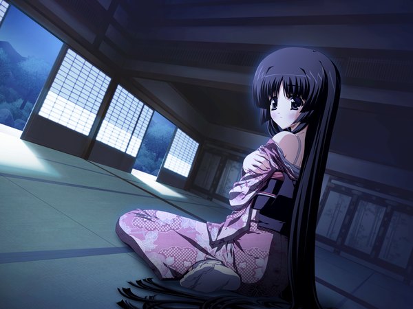 Anime picture 1600x1200 with aruji no tame (game) black hair game cg japanese clothes black eyes girl kimono