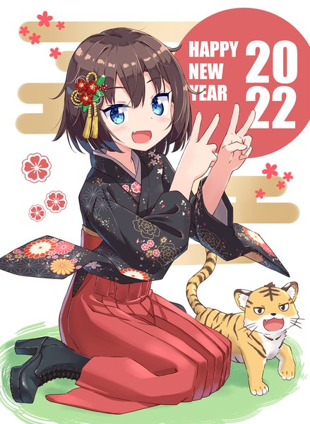 Anime picture 1000x1366 with original changaa single tall image looking at viewer blush fringe short hair open mouth blue eyes hair between eyes brown hair sitting traditional clothes :d japanese clothes wariza victory new year happy new year
