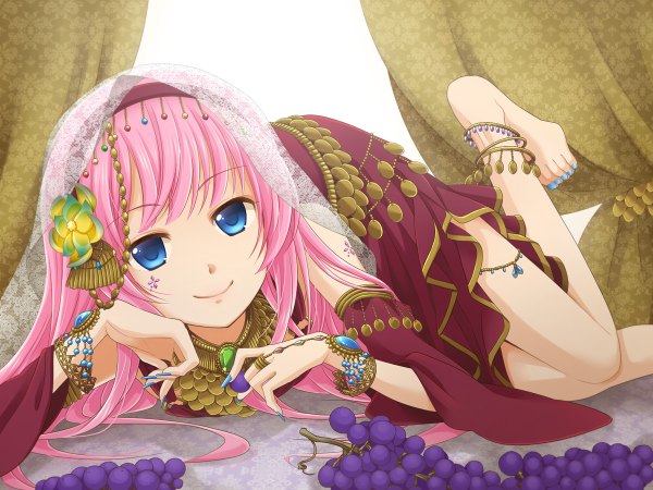 Anime picture 1200x900 with vocaloid megurine luka manimani (mani ma) single long hair looking at viewer smile pink hair girl dress food bracelet jewelry berry (berries) grapes