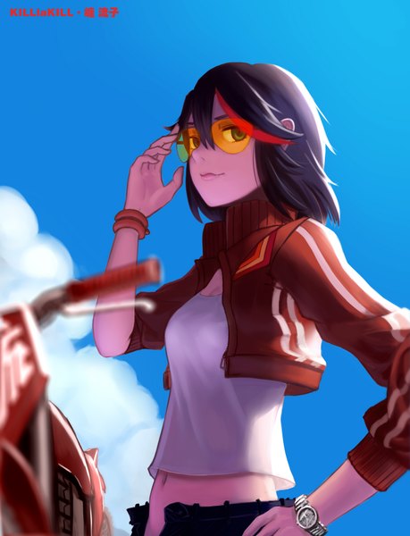 Anime picture 1300x1700 with kill la kill studio trigger matoi ryuuko wei ji single tall image fringe short hair blue eyes black hair looking away sky cloud (clouds) red hair multicolored hair light smile open clothes open jacket two-tone hair bare belly