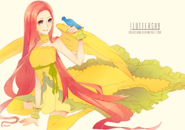 Anime picture 2480x1748 with my little pony fluttershy persona92 (orichie) single long hair highres blue eyes simple background white background sitting bare shoulders signed pink hair personification bird on hand girl thighhighs dress animal wings