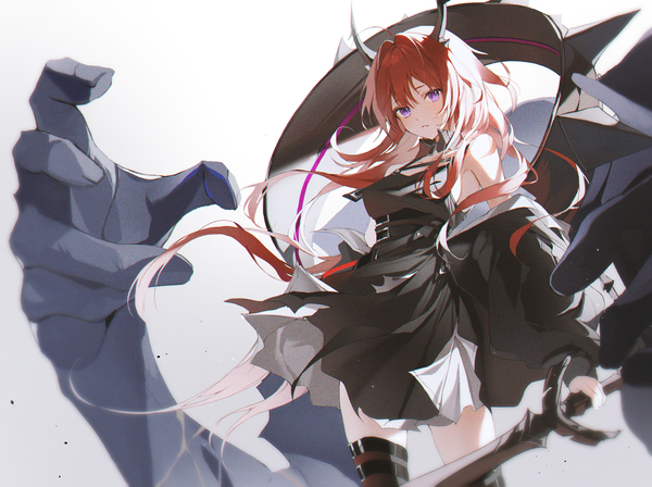 Anime picture 3949x2951 with arknights surtr (arknights) 2sham single long hair looking at viewer fringe highres breasts simple background standing purple eyes bare shoulders holding absurdres red hair parted lips horn (horns) off shoulder open jacket