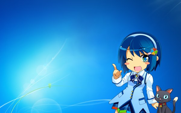 Anime picture 1920x1200 with os-tan windows (operating system) windows 7 madobe nanami single looking at viewer highres short hair open mouth blue eyes wide image blue hair long sleeves blue background chibi ;d blush stickers girl animal hairband