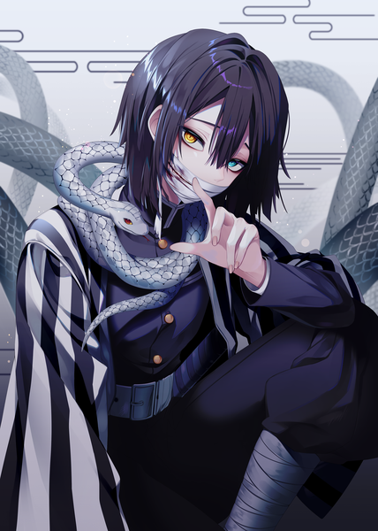 Anime picture 2500x3500 with kimetsu no yaiba ufotable iguro obanai naru single tall image looking at viewer fringe highres short hair black hair hair between eyes sitting traditional clothes japanese clothes heterochromia covered mouth boy animal bandage (bandages)