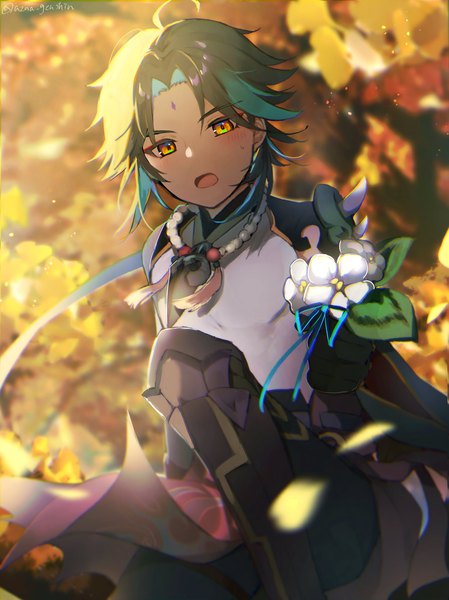 Anime picture 1531x2048 with genshin impact xiao (genshin impact) azna single tall image short hair open mouth black hair signed yellow eyes outdoors twitter username sweatdrop outstretched hand autumn forehead mark boy flower (flowers)